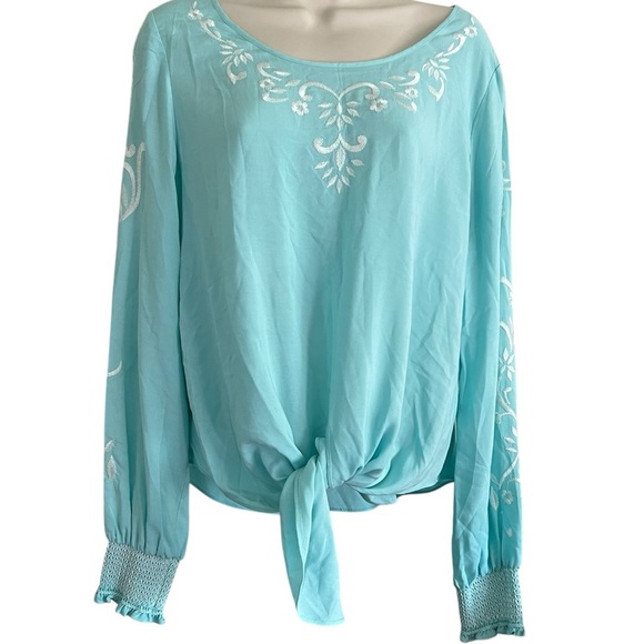 Karen Kane Aqua embroidery front tie Long Sleeve Top Sz medium - Picture 1 of 6
